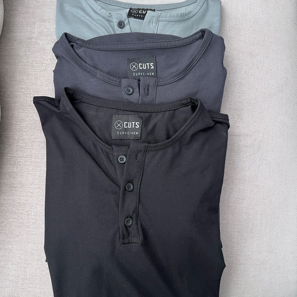 Cuts Clothing AO Long Sleeve Henley Curve-Hem- Black, Gray, & Charcoal